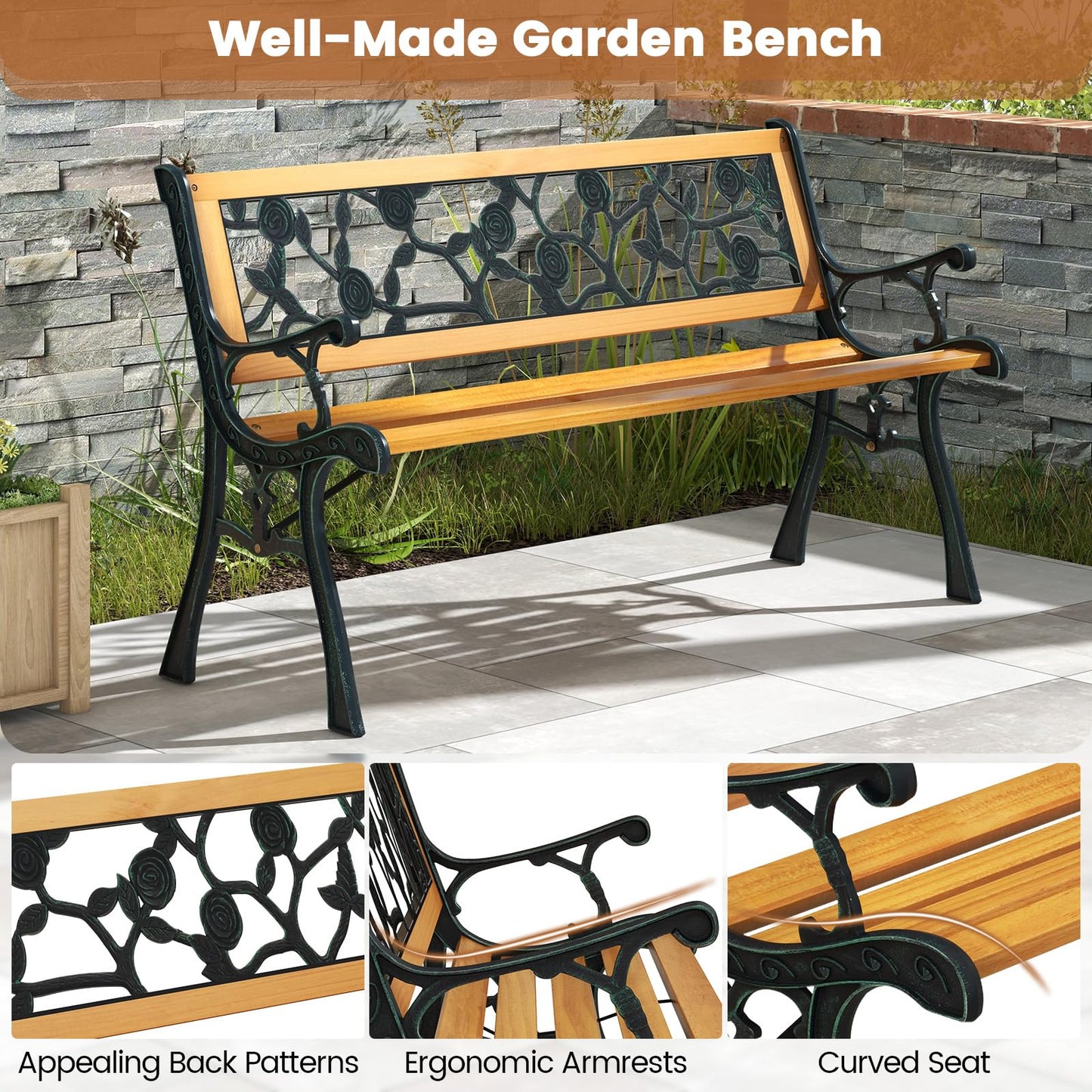 Tangkula Outdoor Garden Bench Park Bench, Patio Iron Bench Chair with Cast Iron & Hardwood Structure, Weather Proof Porch Loveseat, Perfect for Backyard, Deck, Lawn, Poolside - CookCave