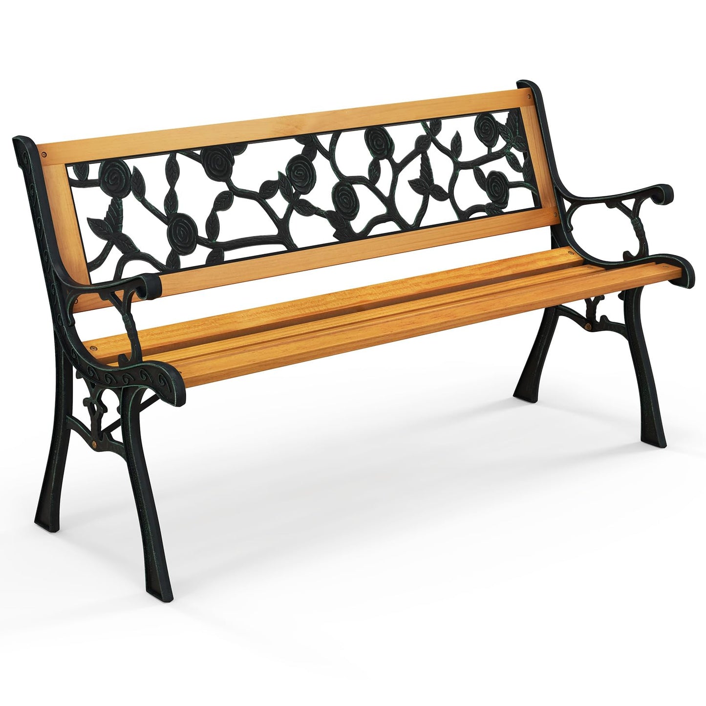 Tangkula Outdoor Garden Bench Park Bench, Patio Iron Bench Chair with Cast Iron & Hardwood Structure, Weather Proof Porch Loveseat, Perfect for Backyard, Deck, Lawn, Poolside - CookCave