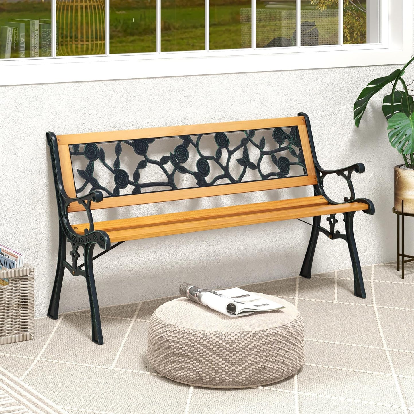 Tangkula Outdoor Garden Bench Park Bench, Patio Iron Bench Chair with Cast Iron & Hardwood Structure, Weather Proof Porch Loveseat, Perfect for Backyard, Deck, Lawn, Poolside - CookCave