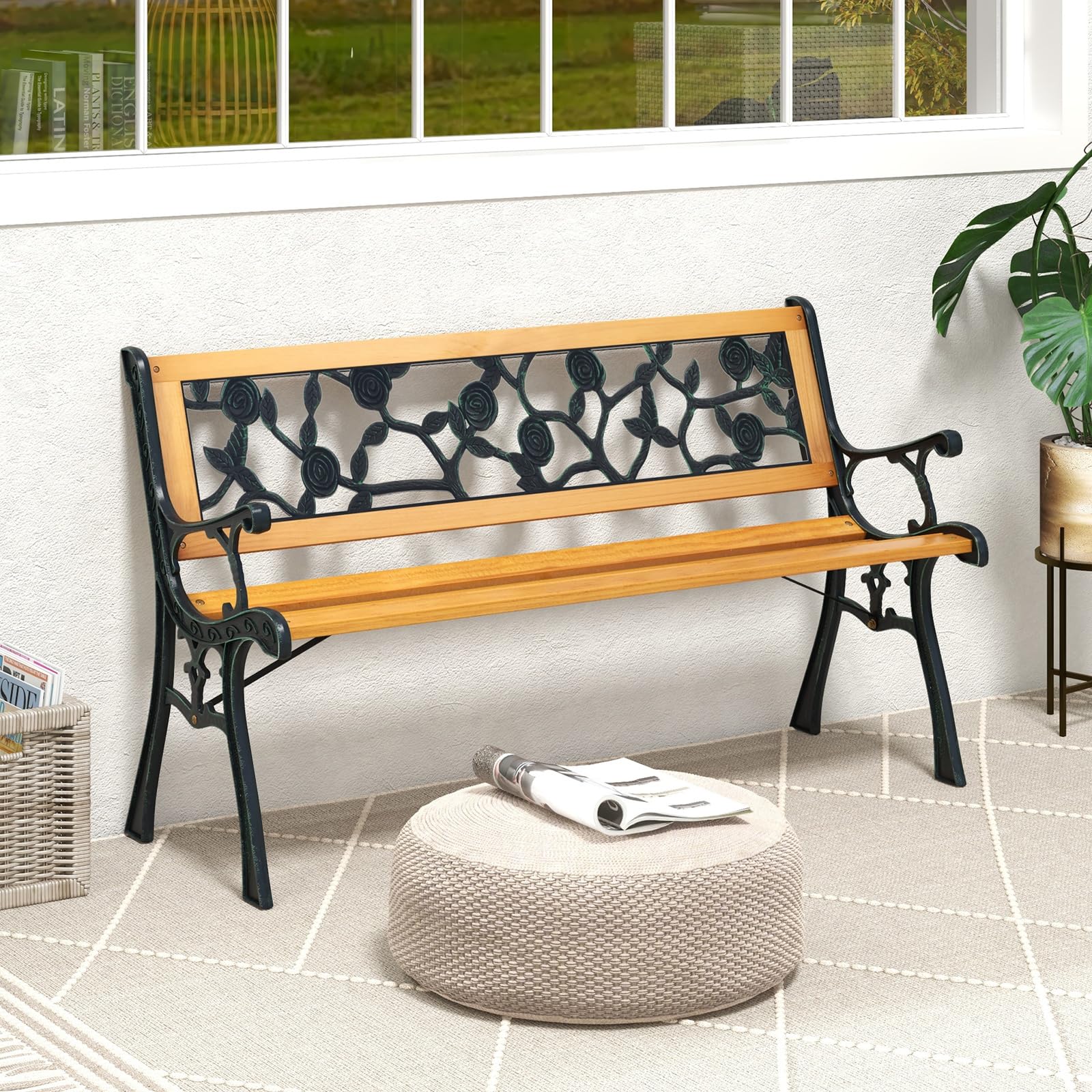 Tangkula Outdoor Garden Bench Park Bench, Patio Iron Bench Chair with Cast Iron & Hardwood Structure, Weather Proof Porch Loveseat, Perfect for Backyard, Deck, Lawn, Poolside - CookCave
