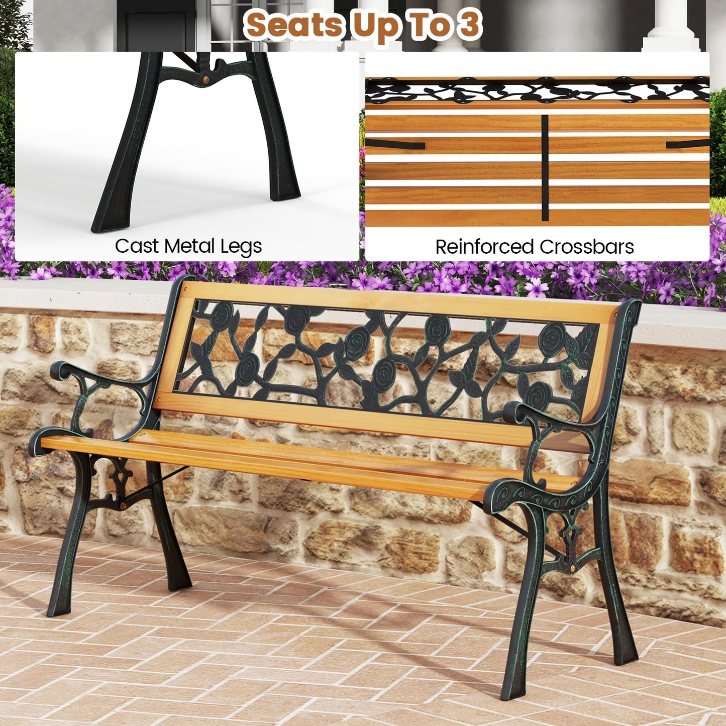 Tangkula Outdoor Garden Bench Park Bench, Patio Iron Bench Chair with Cast Iron & Hardwood Structure, Weather Proof Porch Loveseat, Perfect for Backyard, Deck, Lawn, Poolside - CookCave