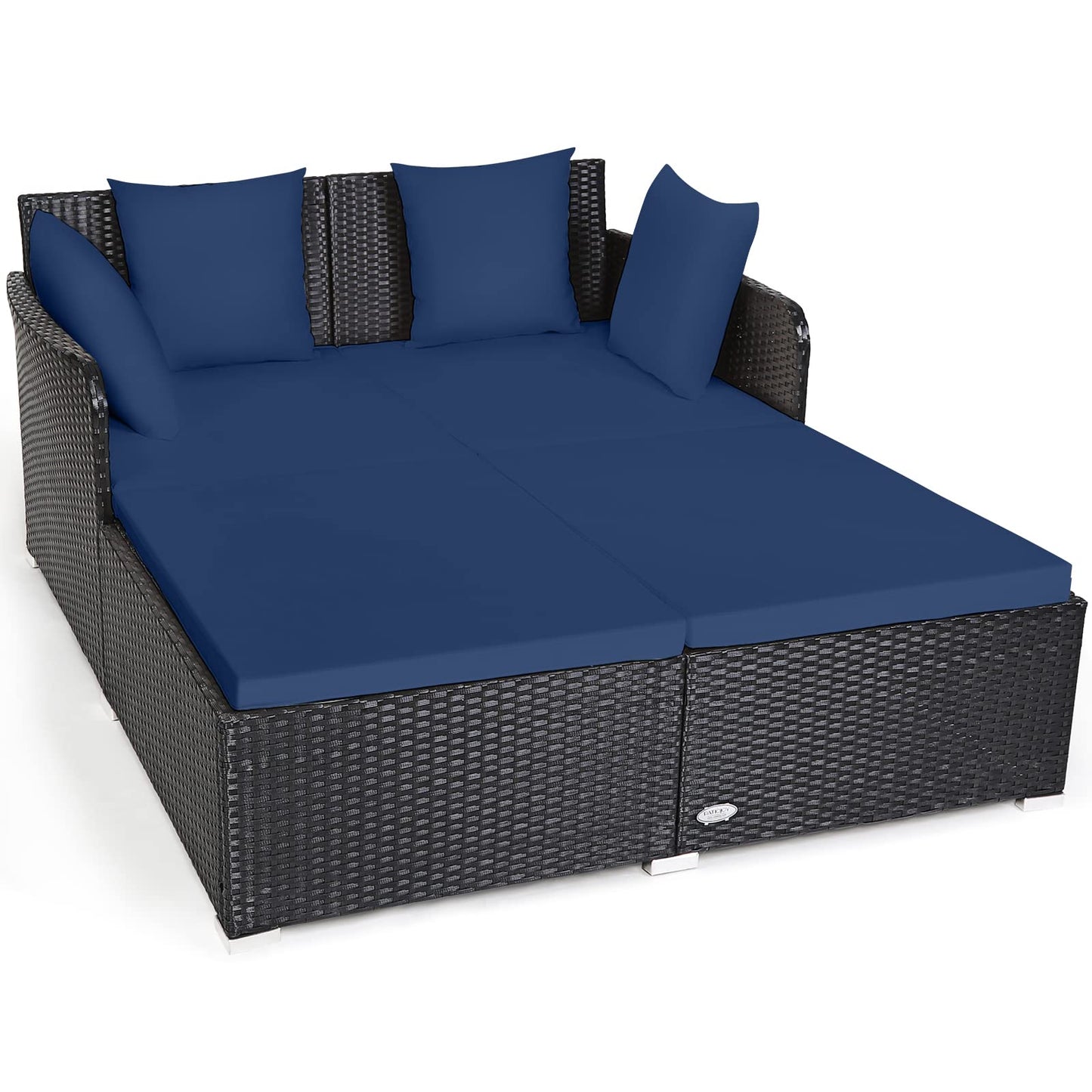 Tangkula Outdoor Rattan Daybed, Sunbed Wicker Furniture w/Spacious Seat, Upholstered Cushion & High-Resilience Sponge, Wicker Patio Sofa Set w/Extra Pillows for Courtyard Poolside (Navy) - CookCave