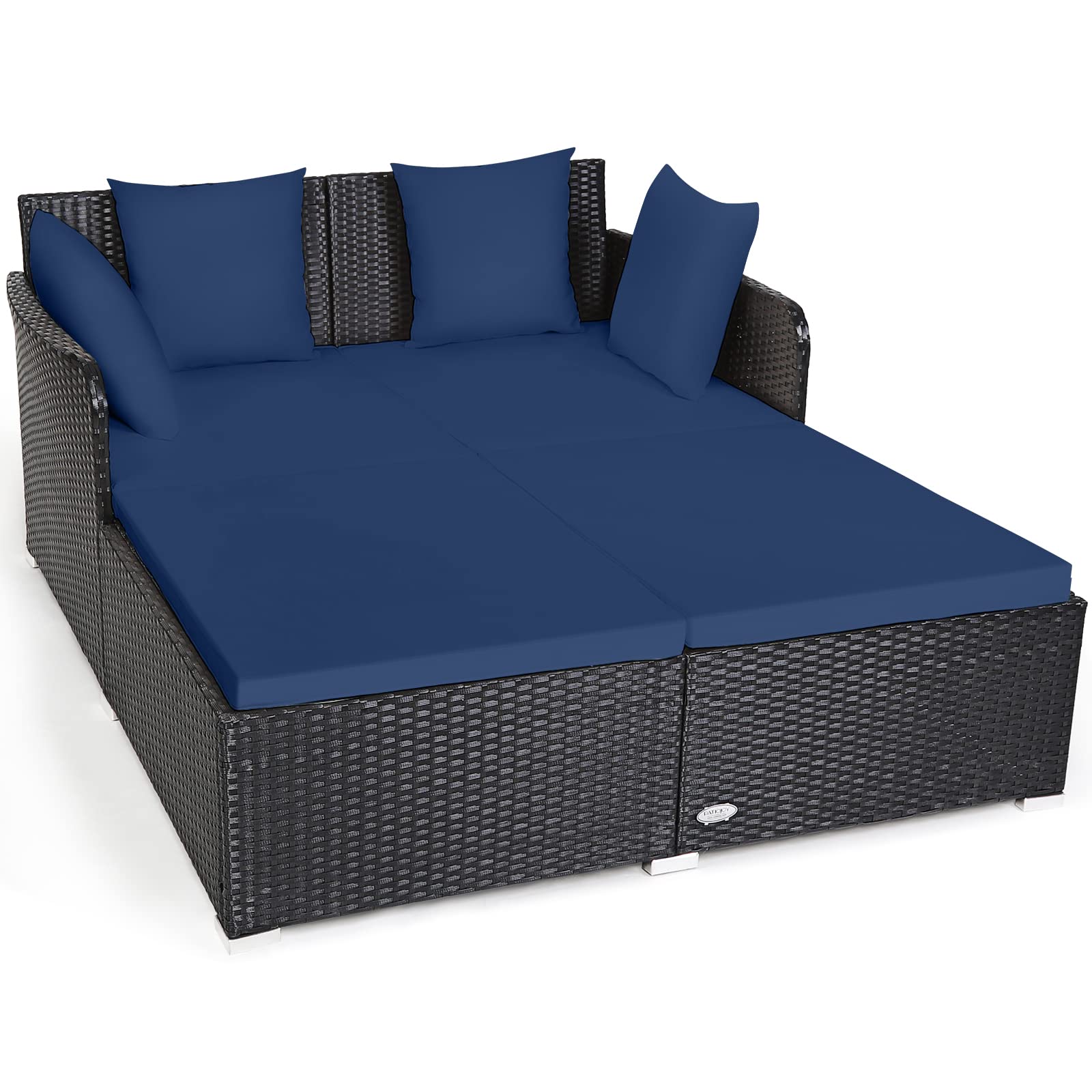 Tangkula Outdoor Rattan Daybed, Sunbed Wicker Furniture w/Spacious Seat, Upholstered Cushion & High-Resilience Sponge, Wicker Patio Sofa Set w/Extra Pillows for Courtyard Poolside (Navy) - CookCave