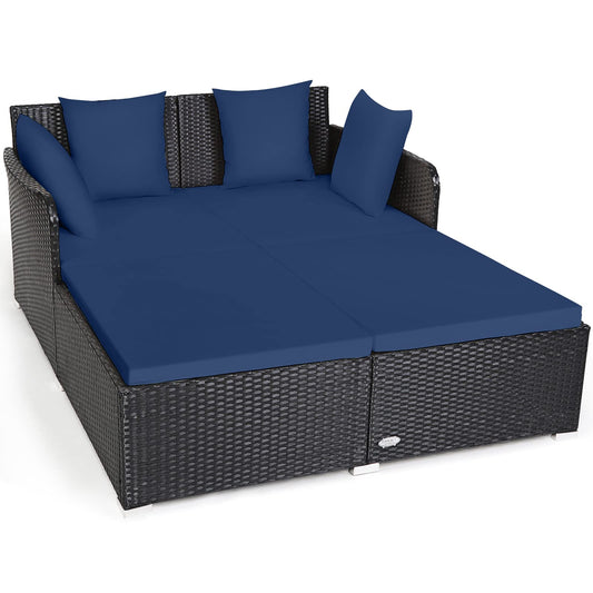 Tangkula Outdoor Rattan Daybed, Sunbed Wicker Furniture w/Spacious Seat, Upholstered Cushion & High-Resilience Sponge, Wicker Patio Sofa Set w/Extra Pillows for Courtyard Poolside (Navy) - CookCave