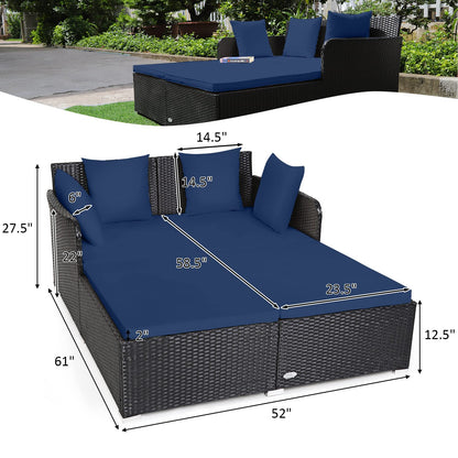 Tangkula Outdoor Rattan Daybed, Sunbed Wicker Furniture w/Spacious Seat, Upholstered Cushion & High-Resilience Sponge, Wicker Patio Sofa Set w/Extra Pillows for Courtyard Poolside (Navy) - CookCave