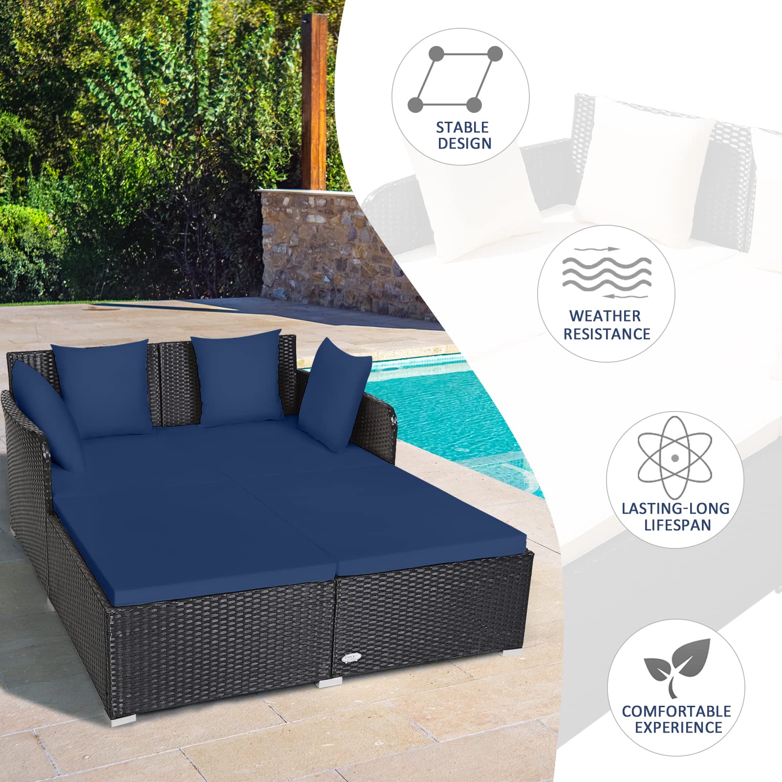 Tangkula Outdoor Rattan Daybed, Sunbed Wicker Furniture w/Spacious Seat, Upholstered Cushion & High-Resilience Sponge, Wicker Patio Sofa Set w/Extra Pillows for Courtyard Poolside (Navy) - CookCave
