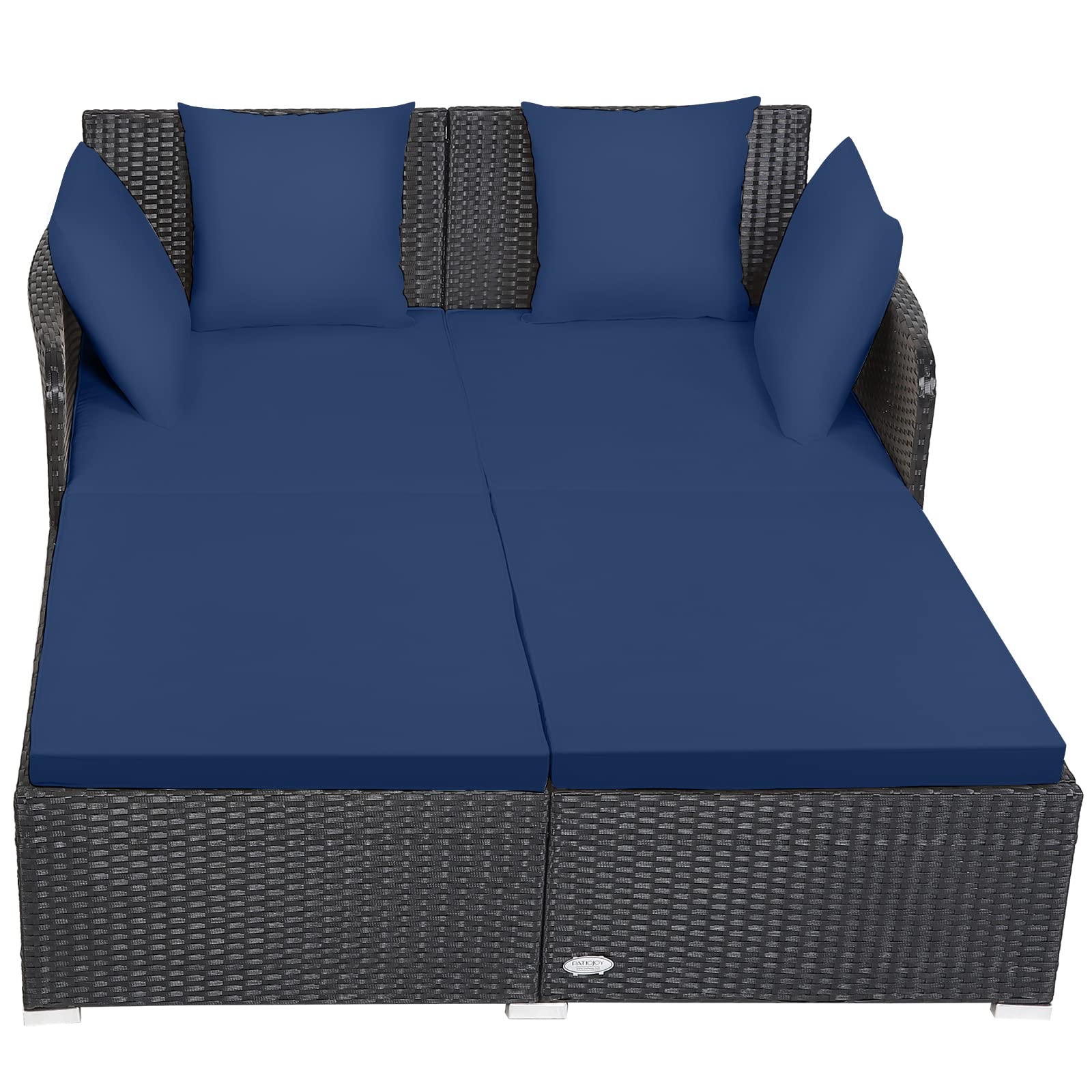 Tangkula Outdoor Rattan Daybed, Sunbed Wicker Furniture w/Spacious Seat, Upholstered Cushion & High-Resilience Sponge, Wicker Patio Sofa Set w/Extra Pillows for Courtyard Poolside (Navy) - CookCave