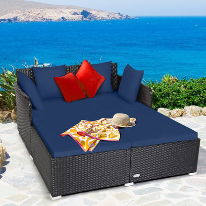 Tangkula Outdoor Rattan Daybed, Sunbed Wicker Furniture w/Spacious Seat, Upholstered Cushion & High-Resilience Sponge, Wicker Patio Sofa Set w/Extra Pillows for Courtyard Poolside (Navy) - CookCave