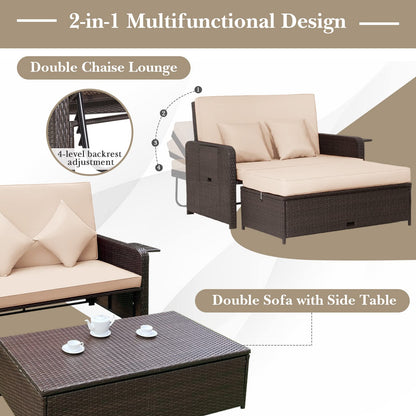 Tangkula Patio Rattan Daybed, Patiojoy Wicker Loveseat Sofa w/Multipurpose Ottoman & Retractable Side Tray, 4-Level Adjustable Backrest, Footstool w/Storage, Seat & Back Cushion Included (Beige) - CookCave