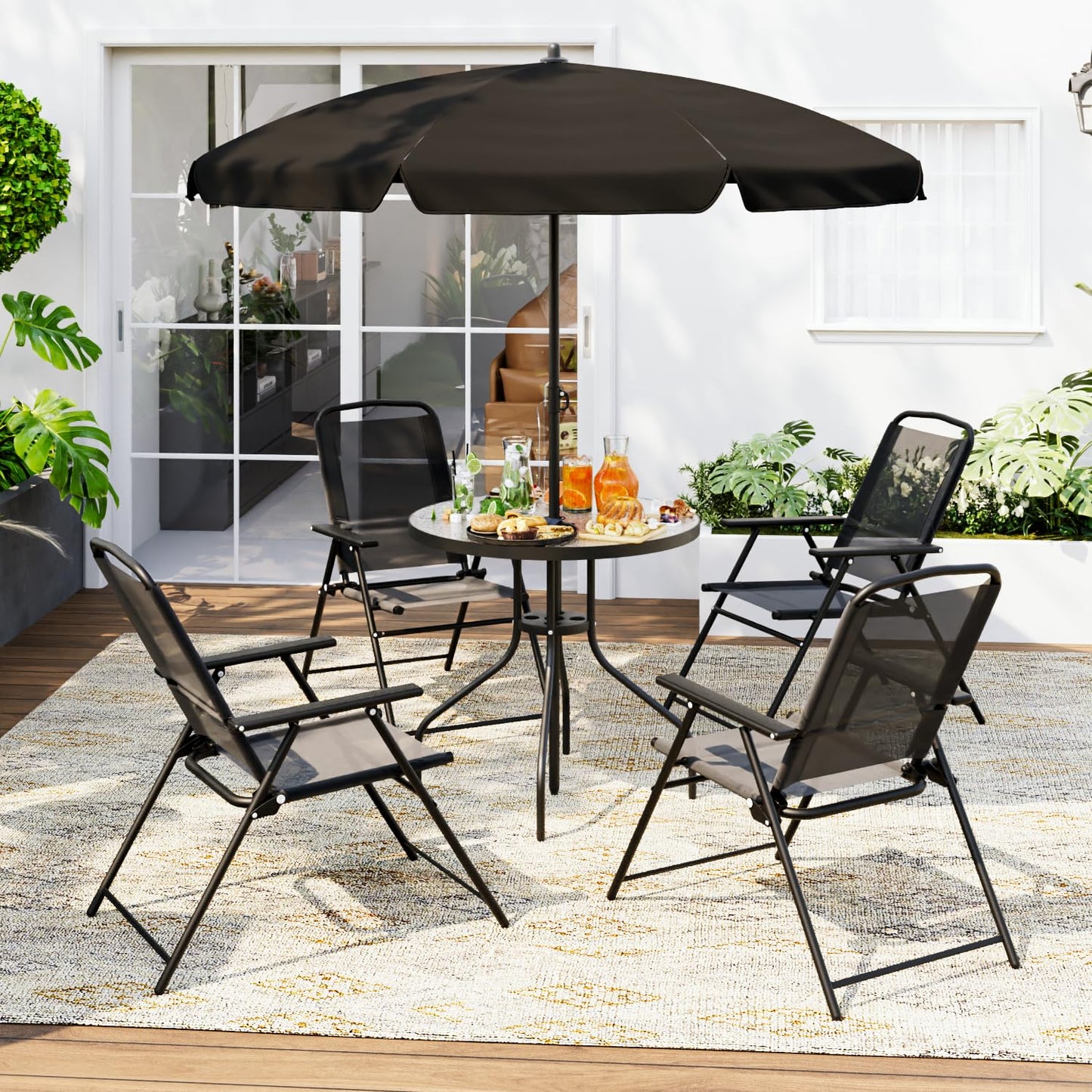 TAVATA 6 Piece Patio Dining Set with Umbrella, Outdoor Furniture Set with 4 Folding Chairs & Portable Metal Garden Table for Lawn, Backyard, Deck, Camping（Black） - CookCave