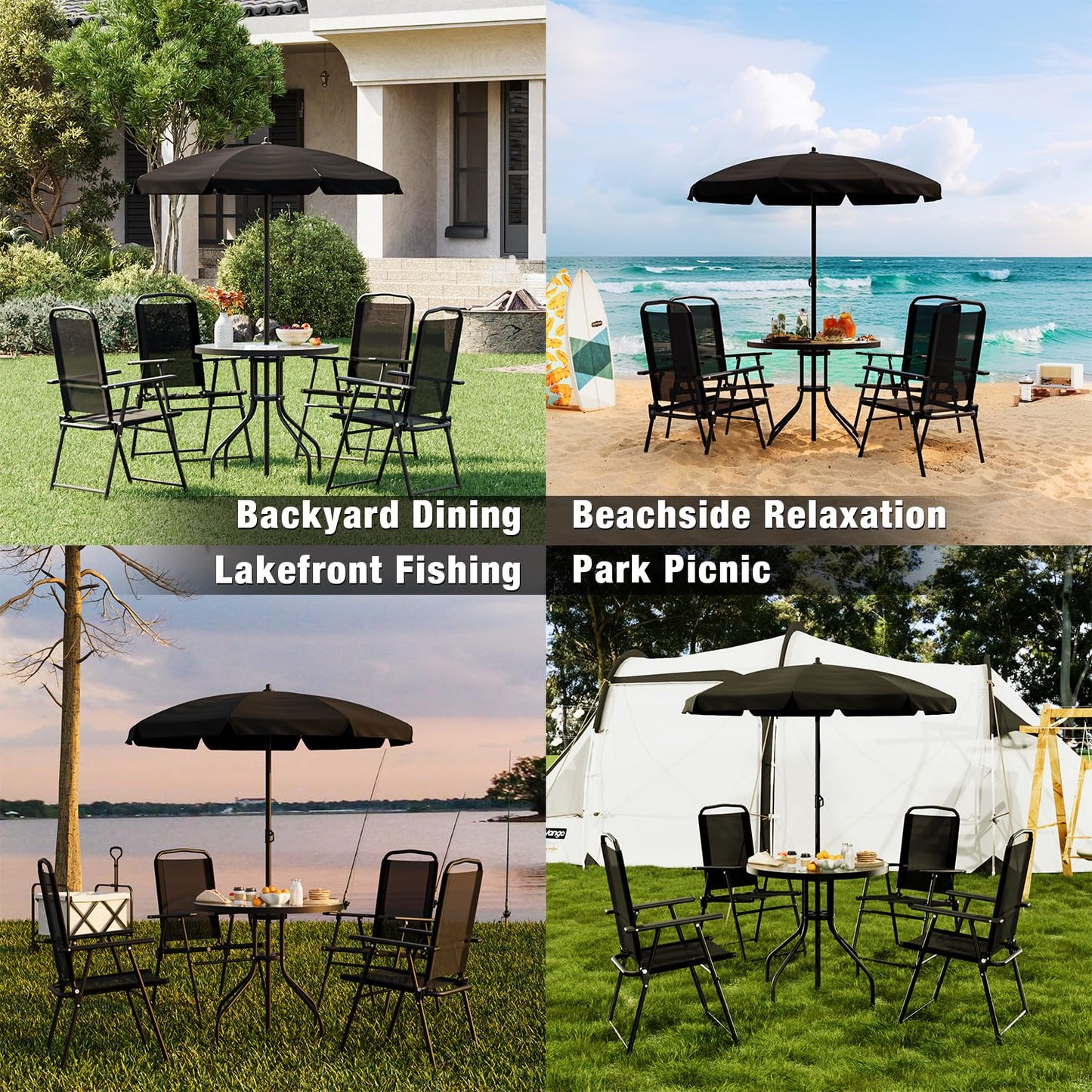 TAVATA 6 Piece Patio Dining Set with Umbrella, Outdoor Furniture Set with 4 Folding Chairs & Portable Metal Garden Table for Lawn, Backyard, Deck, Camping（Black） - CookCave