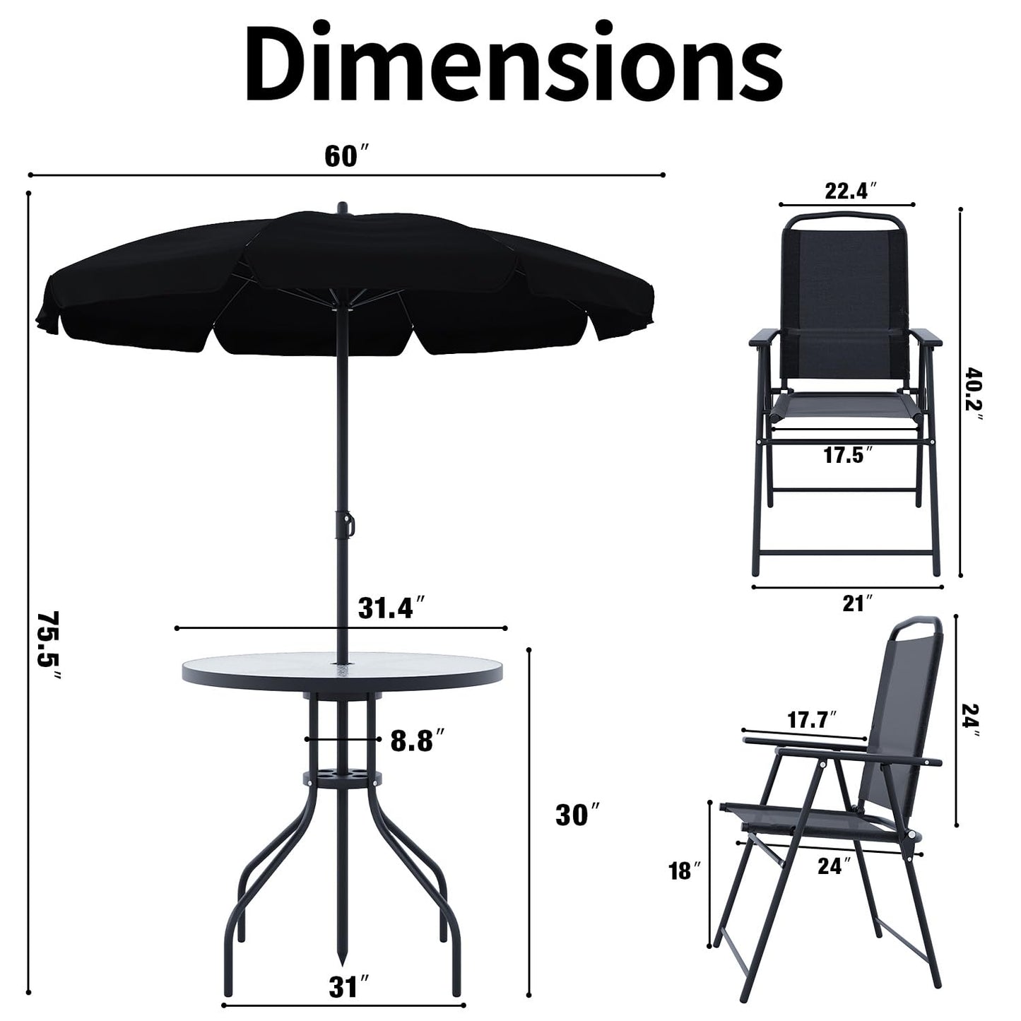 TAVATA 6 Piece Patio Dining Set with Umbrella, Outdoor Furniture Set with 4 Folding Chairs & Portable Metal Garden Table for Lawn, Backyard, Deck, Camping（Black） - CookCave