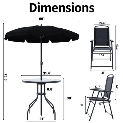 TAVATA 6 Piece Patio Dining Set with Umbrella, Outdoor Furniture Set with 4 Folding Chairs & Portable Metal Garden Table for Lawn, Backyard, Deck, Camping（Black） - CookCave