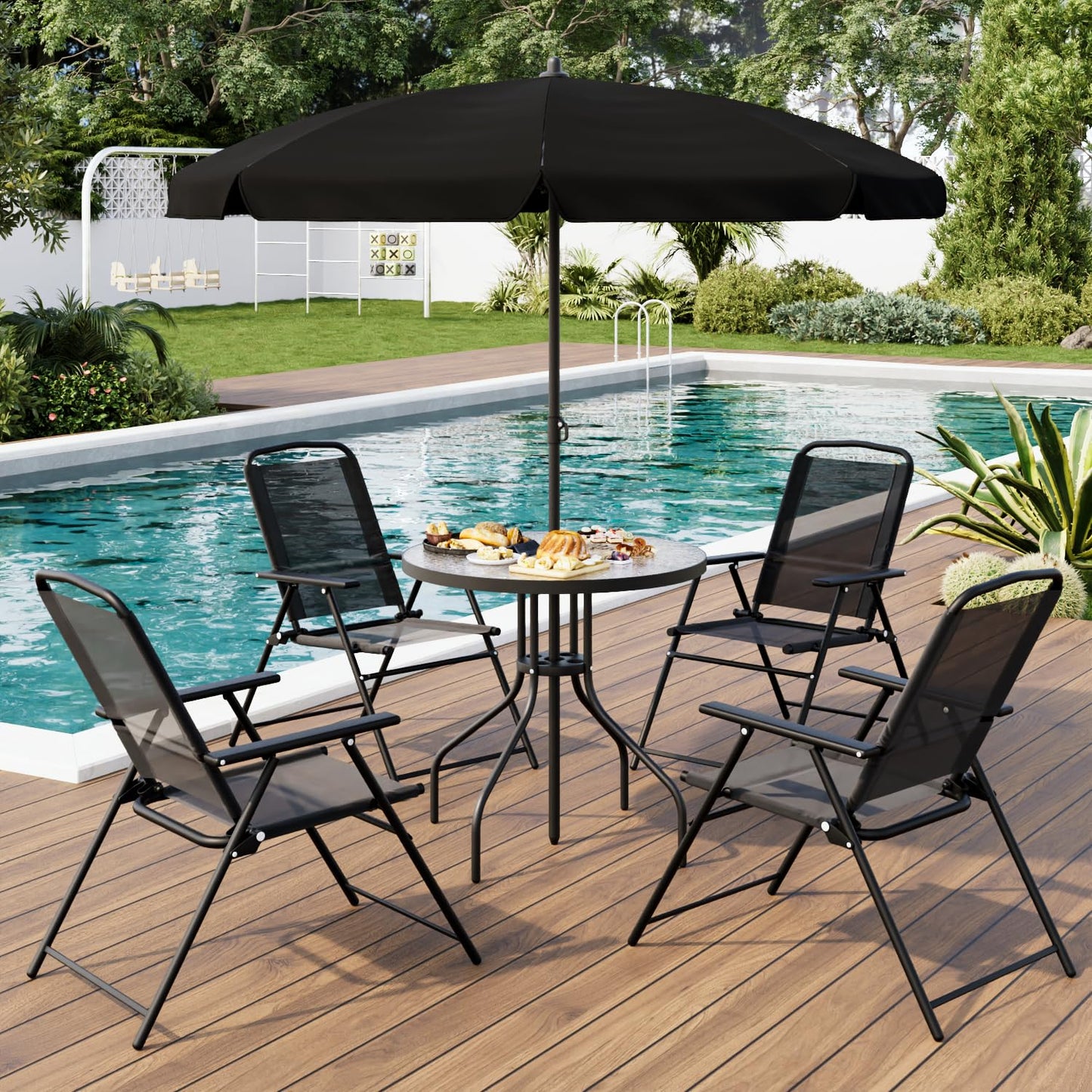 TAVATA 6 Piece Patio Dining Set with Umbrella, Outdoor Furniture Set with 4 Folding Chairs & Portable Metal Garden Table for Lawn, Backyard, Deck, Camping（Black） - CookCave