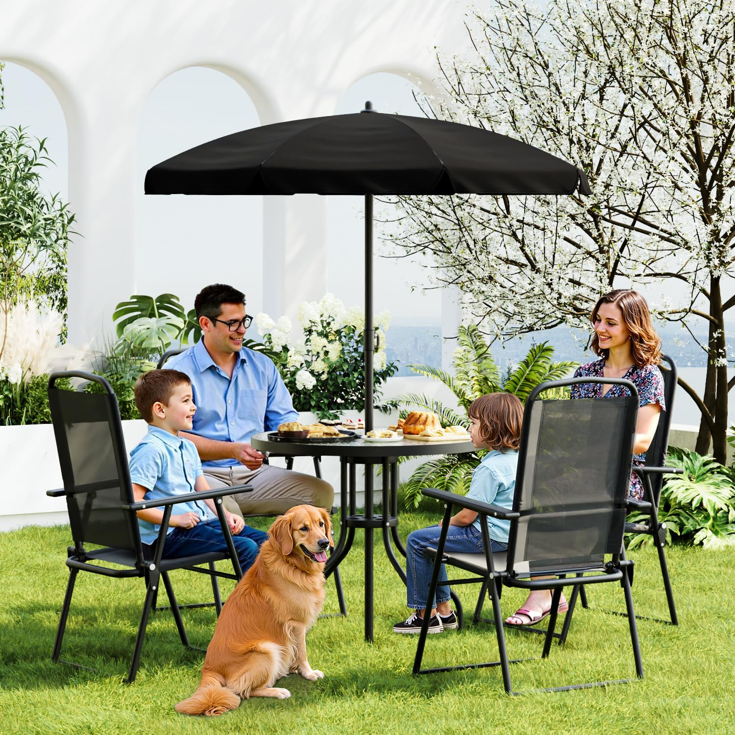 TAVATA 6 Piece Patio Dining Set with Umbrella, Outdoor Furniture Set with 4 Folding Chairs & Portable Metal Garden Table for Lawn, Backyard, Deck, Camping（Black） - CookCave