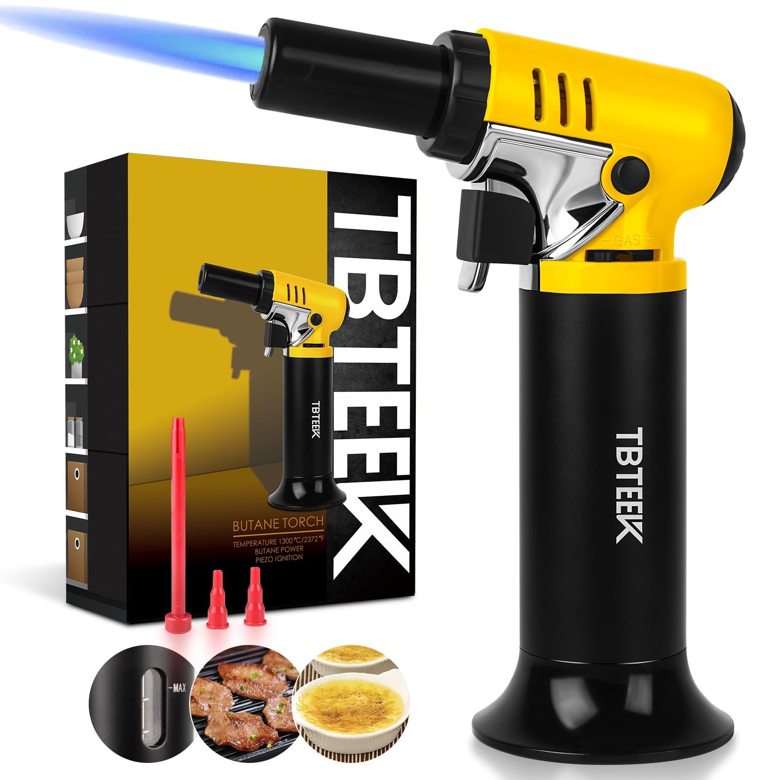 TBTeek Butane Torch with Fuel Gauge T907, One-hand Operation Kitchen Torch Lighter with Adjustable Flame for BBQ, Baking, Brulee Creme, Crafts and Soldering(Butane Gas Not Included) - CookCave