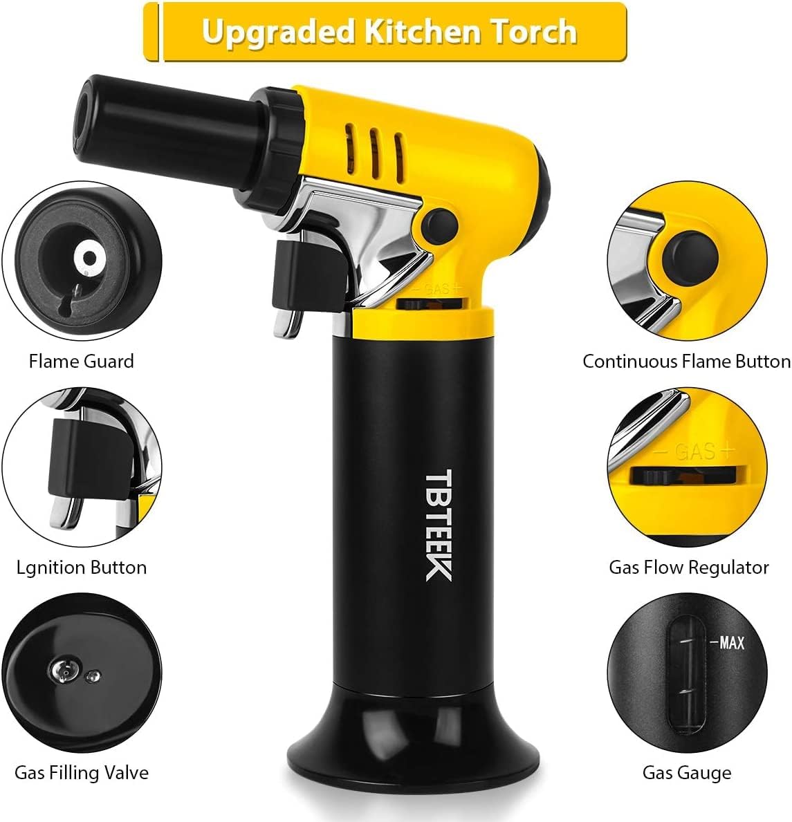 TBTeek Butane Torch with Fuel Gauge T907, One-hand Operation Kitchen Torch Lighter with Adjustable Flame for BBQ, Baking, Brulee Creme, Crafts and Soldering(Butane Gas Not Included) - CookCave