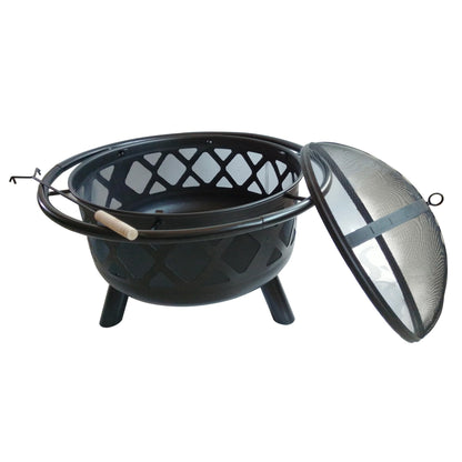 Teamson Home Round Steel Outdoor Fire Pit Outside Wood Burning Firepit Bonfire with Firebowl, Poker, Mesh Screen for Patio Garden Backyard BBQ, 30 Inch, Black - CookCave