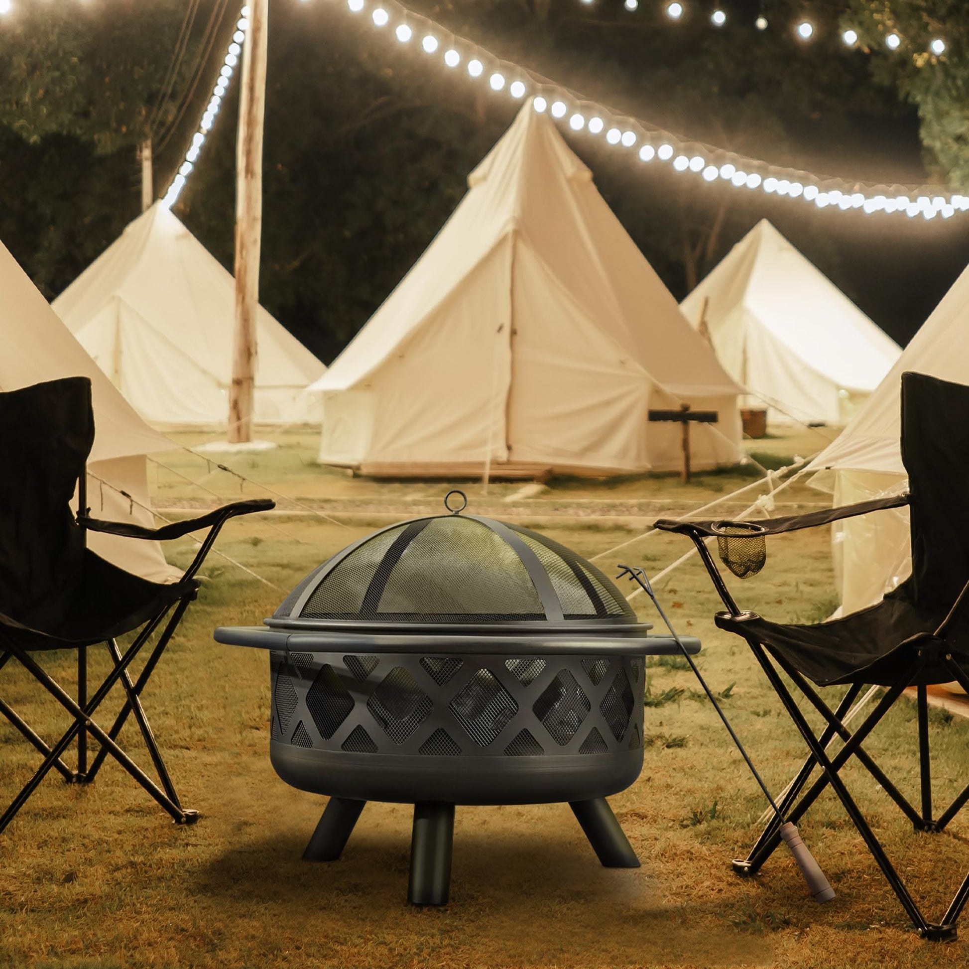 Teamson Home Round Steel Outdoor Fire Pit Outside Wood Burning Firepit Bonfire with Firebowl, Poker, Mesh Screen for Patio Garden Backyard BBQ, 30 Inch, Black - CookCave