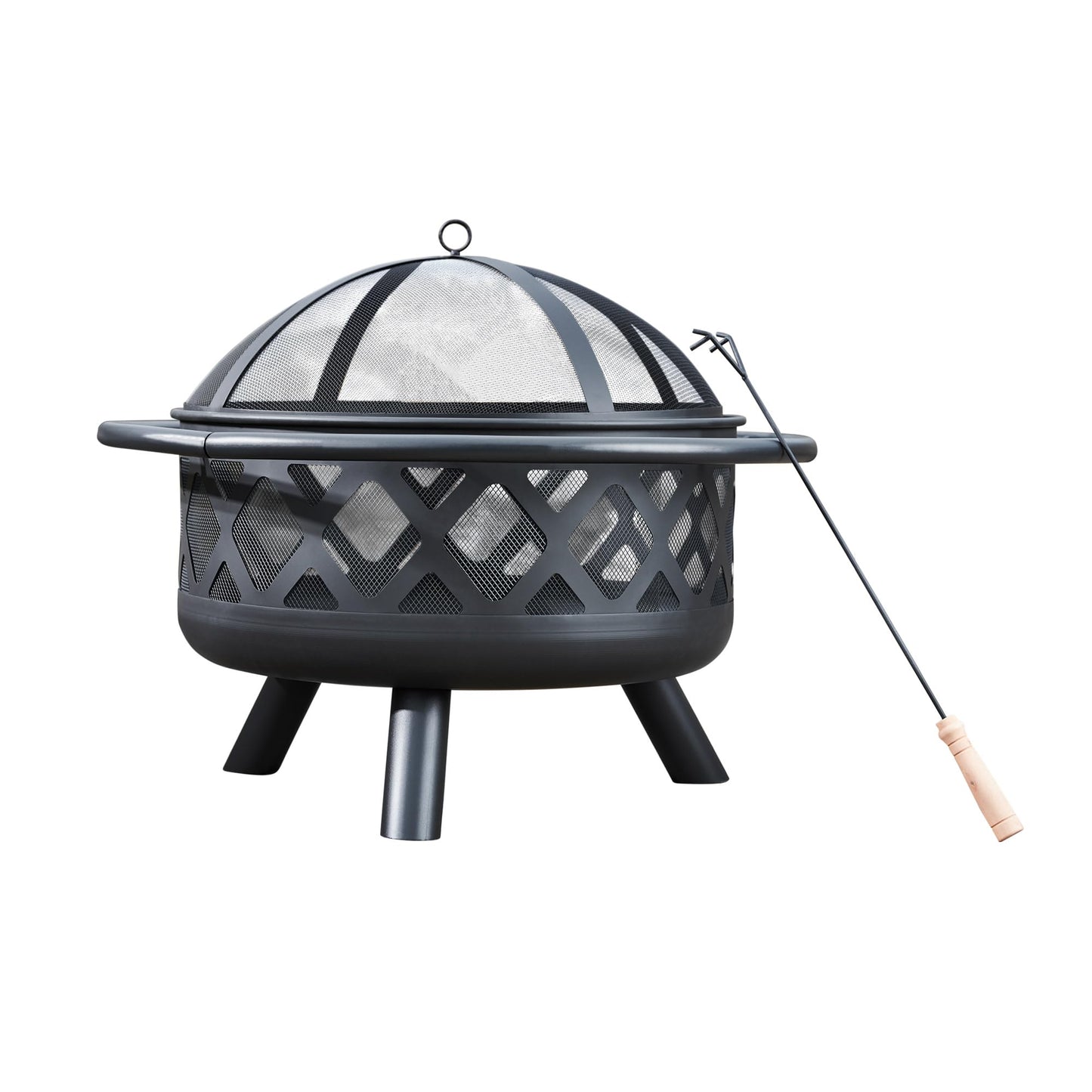 Teamson Home Round Steel Outdoor Fire Pit Outside Wood Burning Firepit Bonfire with Firebowl, Poker, Mesh Screen for Patio Garden Backyard BBQ, 30 Inch, Black - CookCave