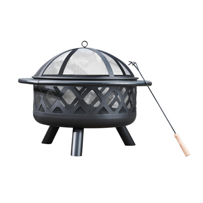 Teamson Home Round Steel Outdoor Fire Pit Outside Wood Burning Firepit Bonfire with Firebowl, Poker, Mesh Screen for Patio Garden Backyard BBQ, 30 Inch, Black - CookCave