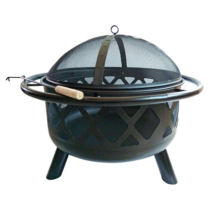 Teamson Home Round Steel Outdoor Fire Pit Outside Wood Burning Firepit Bonfire with Firebowl, Poker, Mesh Screen for Patio Garden Backyard BBQ, 30 Inch, Black - CookCave