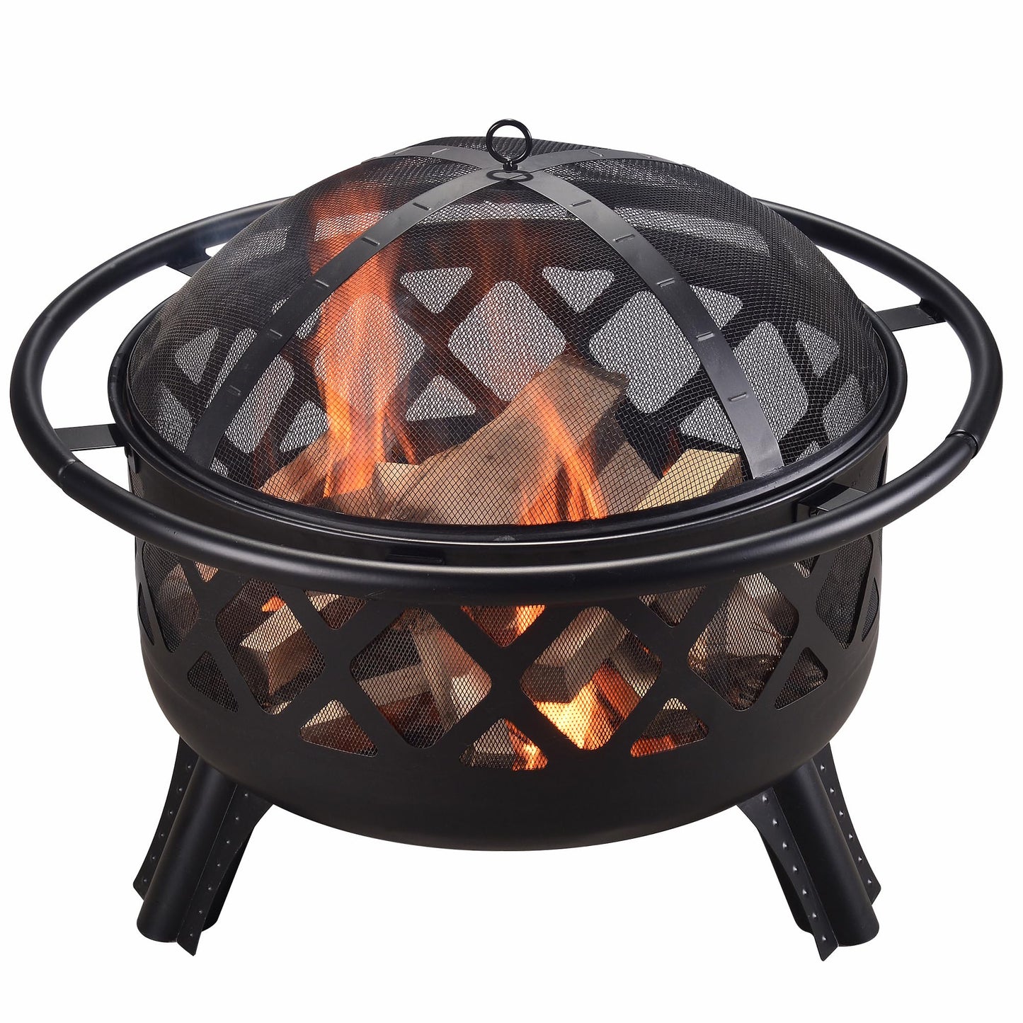 Teamson Home Round Steel Outdoor Fire Pit Outside Wood Burning Firepit Bonfire with Firebowl, Poker, Mesh Screen for Patio Garden Backyard BBQ, 30 Inch, Black - CookCave