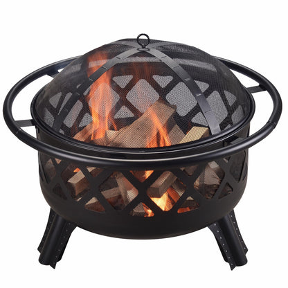 Teamson Home Round Steel Outdoor Fire Pit Outside Wood Burning Firepit Bonfire with Firebowl, Poker, Mesh Screen for Patio Garden Backyard BBQ, 30 Inch, Black - CookCave