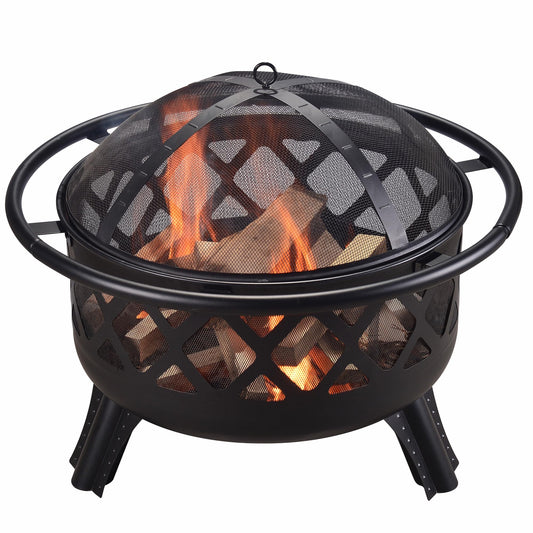 Teamson Home Round Steel Outdoor Fire Pit Outside Wood Burning Firepit Bonfire with Firebowl, Poker, Mesh Screen for Patio Garden Backyard BBQ, 30 Inch, Black - CookCave