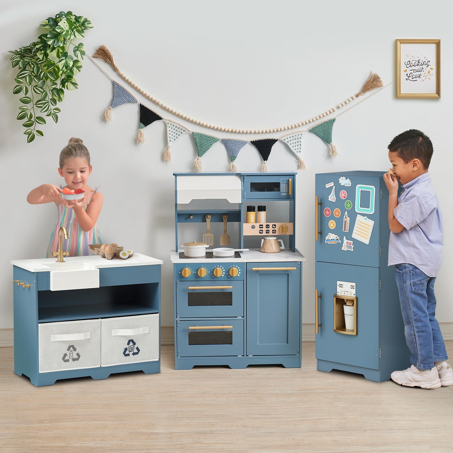 Teamson Kids Little Chef Atlanta Large Modular Wooden Play Kitchen with Interactive, Realistic Features, and 17 Kitchen Accessories, for 3yrs and up, Blue/White/Gold - CookCave