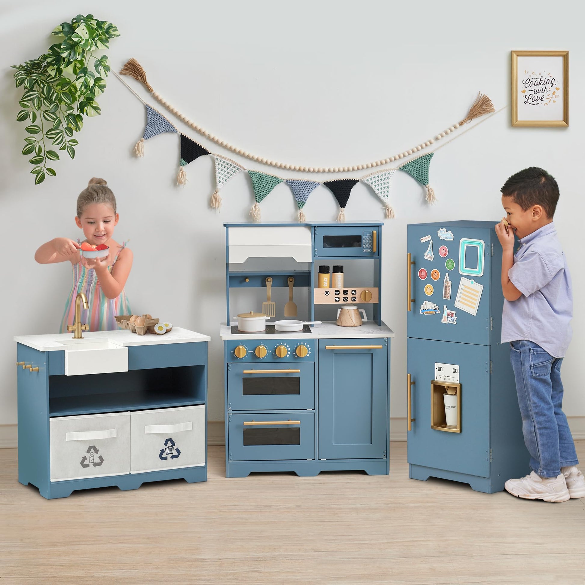 Teamson Kids Little Chef Atlanta Large Modular Wooden Play Kitchen with Interactive, Realistic Features, and 17 Kitchen Accessories, for 3yrs and up, Blue/White/Gold - CookCave