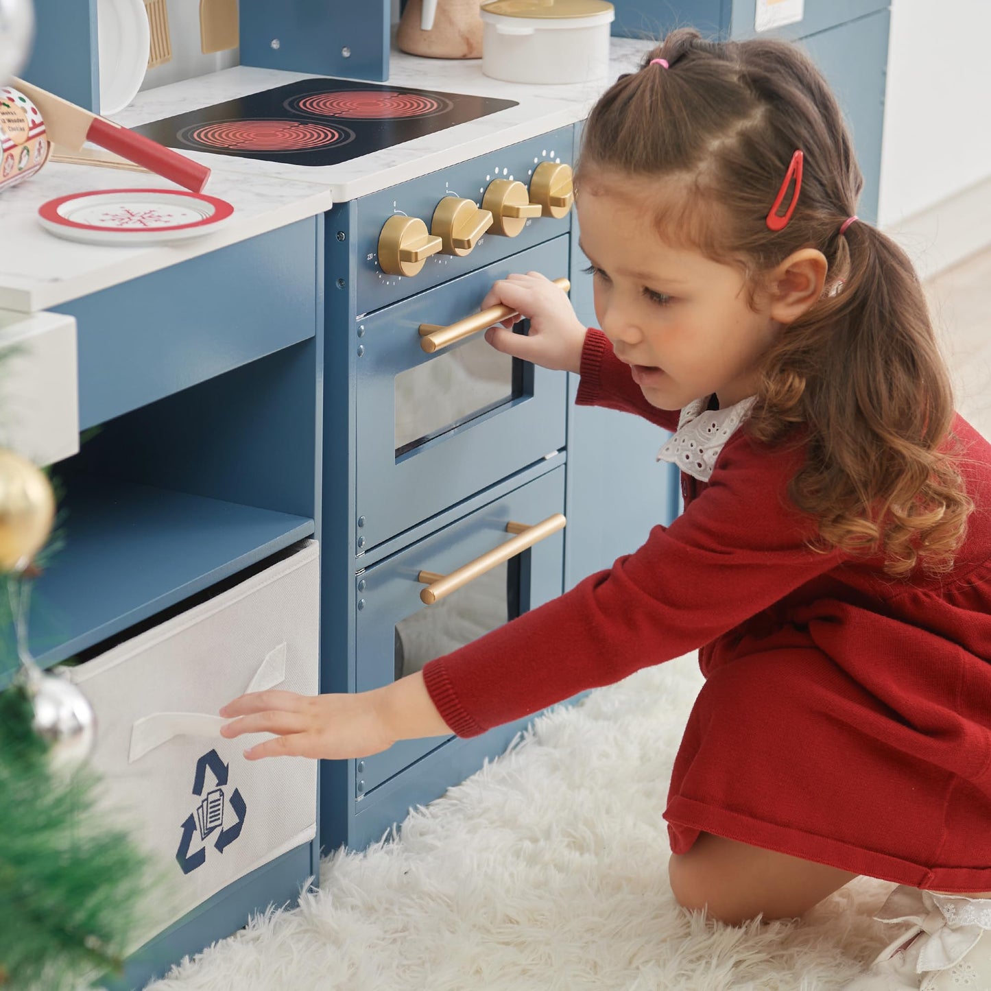 Teamson Kids Little Chef Atlanta Large Modular Wooden Play Kitchen with Interactive, Realistic Features, and 17 Kitchen Accessories, for 3yrs and up, Blue/White/Gold - CookCave