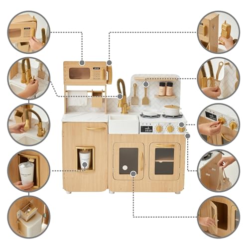 Teamson Kids Little Chef Cyprus Medium Wooden Play Kitchen with Interactive, Realistic Features, and 14 Kitchen Accessories for 3yrs and up, Light Oak/Faux White Marble/Gold - CookCave