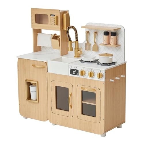 Teamson Kids Little Chef Cyprus Medium Wooden Play Kitchen with Interactive, Realistic Features, and 14 Kitchen Accessories for 3yrs and up, Light Oak/Faux White Marble/Gold - CookCave