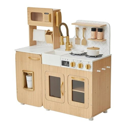 Teamson Kids Little Chef Cyprus Medium Wooden Play Kitchen with Interactive, Realistic Features, and 14 Kitchen Accessories for 3yrs and up, Light Oak/Faux White Marble/Gold - CookCave