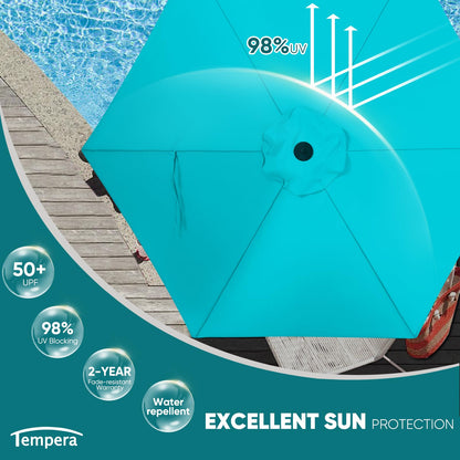 Tempera 9ft Patio Market Outdoor Table Umbrella with Push Button Tilt and Crank,Large Sun Umbrella with Sturdy Pole&Fade resistant canopy,Easy to set, Turquoise - CookCave