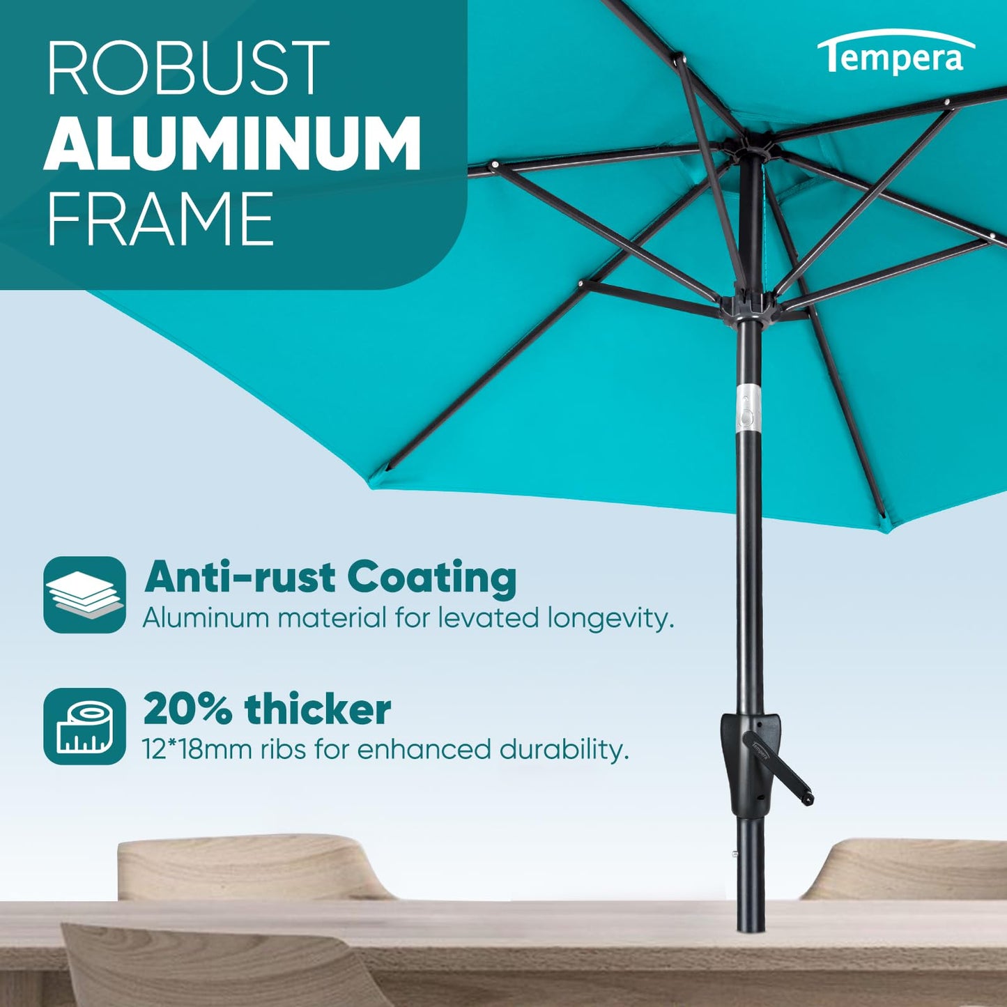 Tempera 9ft Patio Market Outdoor Table Umbrella with Push Button Tilt and Crank,Large Sun Umbrella with Sturdy Pole&Fade resistant canopy,Easy to set, Turquoise - CookCave