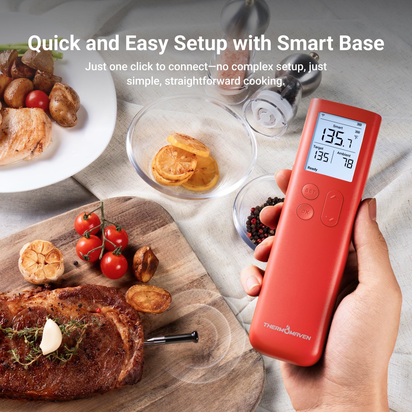 ThermoMaven Smart Bluetooth Wireless Meat Thermometer, 10X Enhanced Sub-1G Signal and Stability, Standalone Display Base, Certified Accuracy ±0.5°F, WiFi Unlimited Range for BBQ, Oven, Smoker, Grill - CookCave