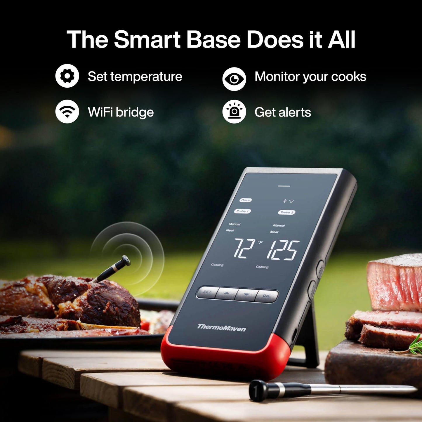 ThermoMaven Smart Bluetooth Wireless Meat Thermometer: Standalone Base, WiFi Unlimited Range, 6 Sensors with NIST Certified Accuracy, 2 Probes for Kitchen, BBQ, Grill, Oven, Smoker, Rotisserie - CookCave
