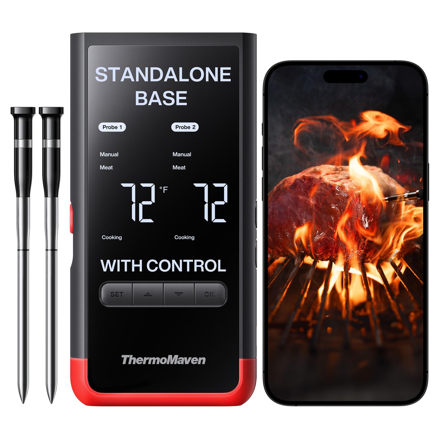 ThermoMaven Smart Bluetooth Wireless Meat Thermometer: Standalone Base, WiFi Unlimited Range, 6 Sensors with NIST Certified Accuracy, 2 Probes for Kitchen, BBQ, Grill, Oven, Smoker, Rotisserie - CookCave