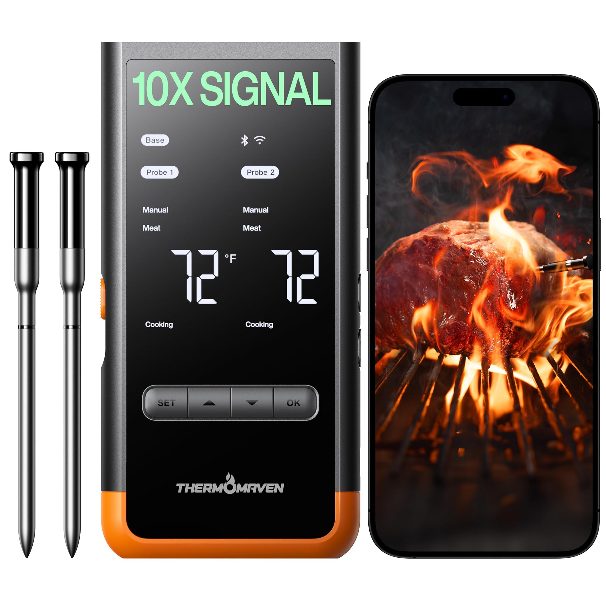 ThermoMaven Wireless Bluetooth Smart Meat Thermometer: Standalone Base, Smart WiFi Thermometer with Sub-1G, 6 Sensors NIST Certified Accuracy, 2 Probes, for BBQ, Grill, Oven, Smoker, Rotisserie - CookCave