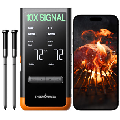ThermoMaven Wireless Bluetooth Smart Meat Thermometer: Standalone Base, Smart WiFi Thermometer with Sub-1G, 6 Sensors NIST Certified Accuracy, 2 Probes, for BBQ, Grill, Oven, Smoker, Rotisserie - CookCave