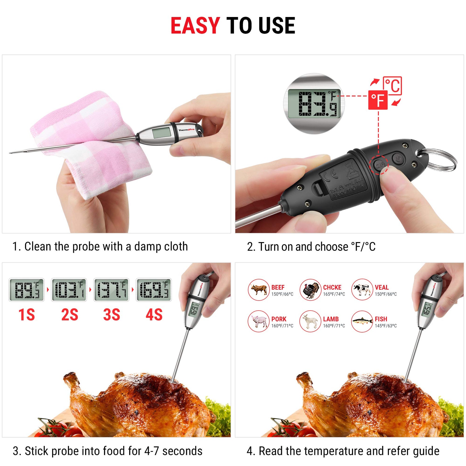ThermoPro TP02S Digital Food Thermometer for Cooking Bread Baking Sourdough Liquids, Meat Thermometer Digital with Super Long Probe for Grill Candy Kitchen BBQ Oil Milk Yogurt Water Temperature - CookCave