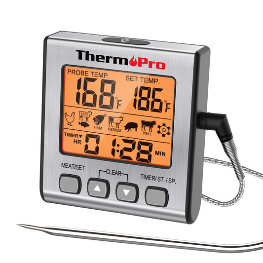 ThermoPro TP16S Digital Meat Thermometer for Cooking and Grilling, BBQ Food Thermometer with Backlight and Kitchen Timer, Grill Temperature Probe Thermometer for Smoker, Barbecue, Oven, Baking,Oil - CookCave