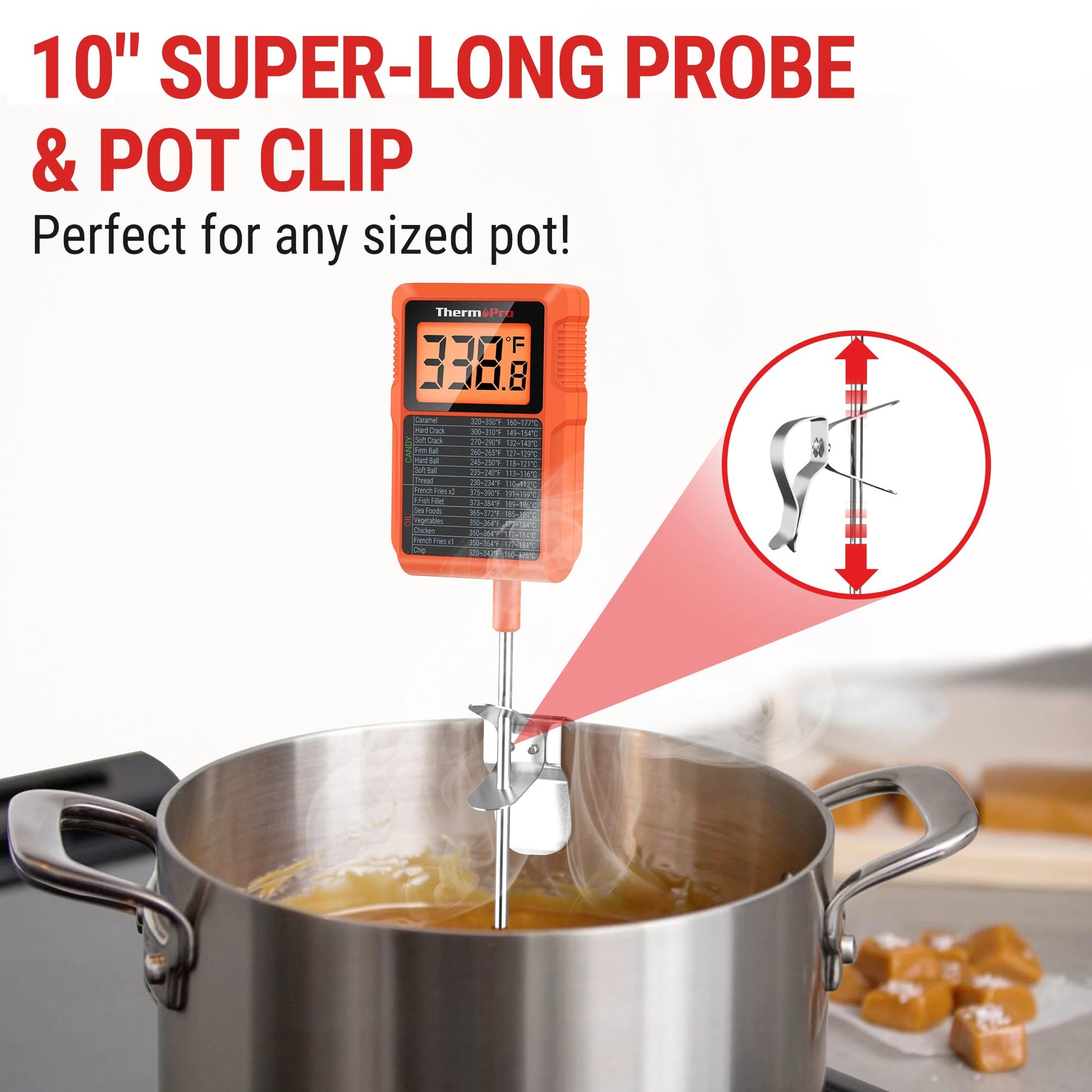ThermoPro TP510 Waterproof Digital Candy Thermometer with Pot Clip, 10" Long Probe Instant Read Food Cooking Meat Thermometer for Grilling Smoker BBQ Deep Fry Oil Thermometer - CookCave