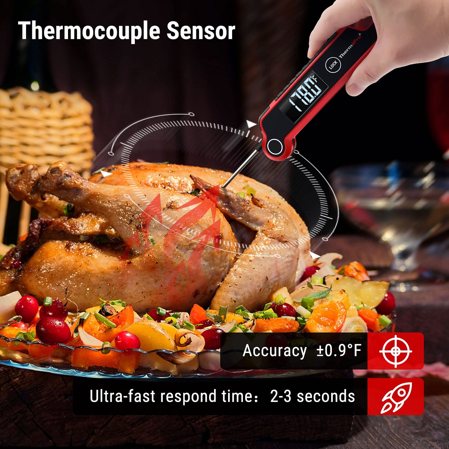ThermoPro TP620 Instant Read Meat Thermometer Digital, Cooking Thermometer with Large Auto-Rotating LCD Display, Waterproof Food Thermometer Digital for Kitchen, BBQ, or Grill - CookCave