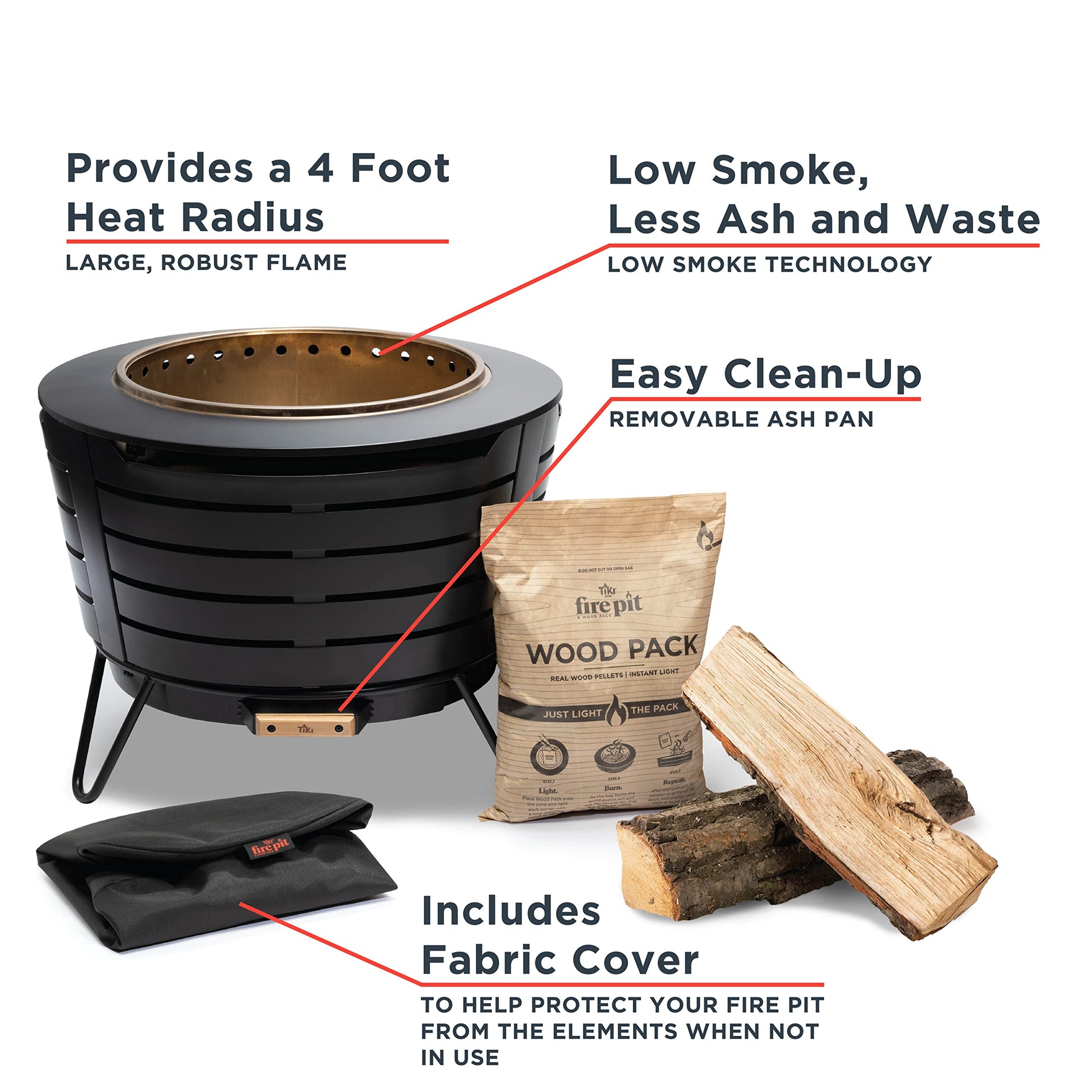 TIKI 25-Inch Smokeless Patio Fire Pit, Wood Burning with Removable Ash Pan & Weather-Resistant Cover, Modern Black Design – Ideal Outdoor Smokeless Fire Pit for Backyard & Patio - CookCave