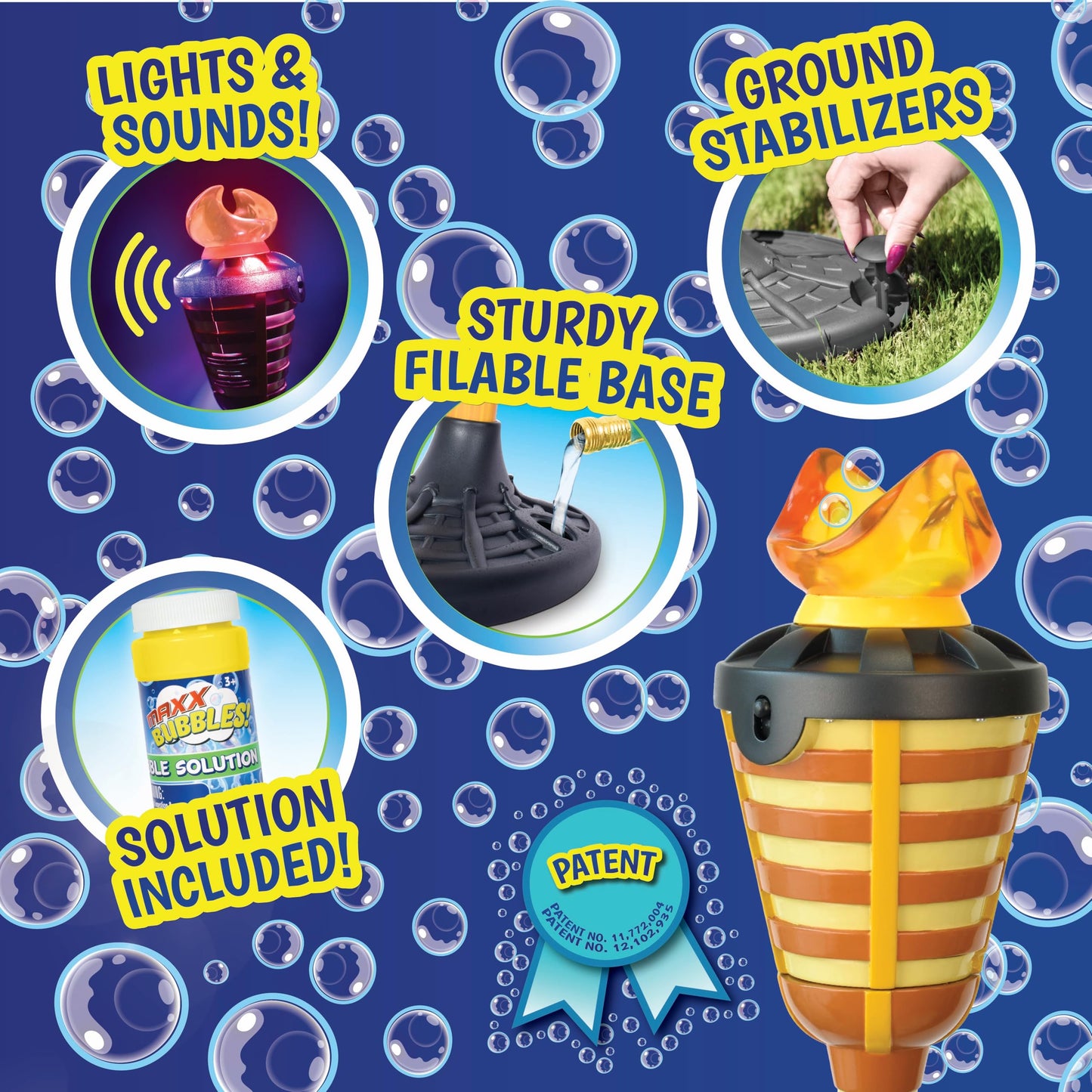 Tiki Torch Bubbler - Bubble Machine with Lights and Music, Bubble Blower and Wand, Rechargable Outdoor Toy for Kids Teens Adults, 4 Feet Tall, Includes 4oz Bubble Solution - CookCave