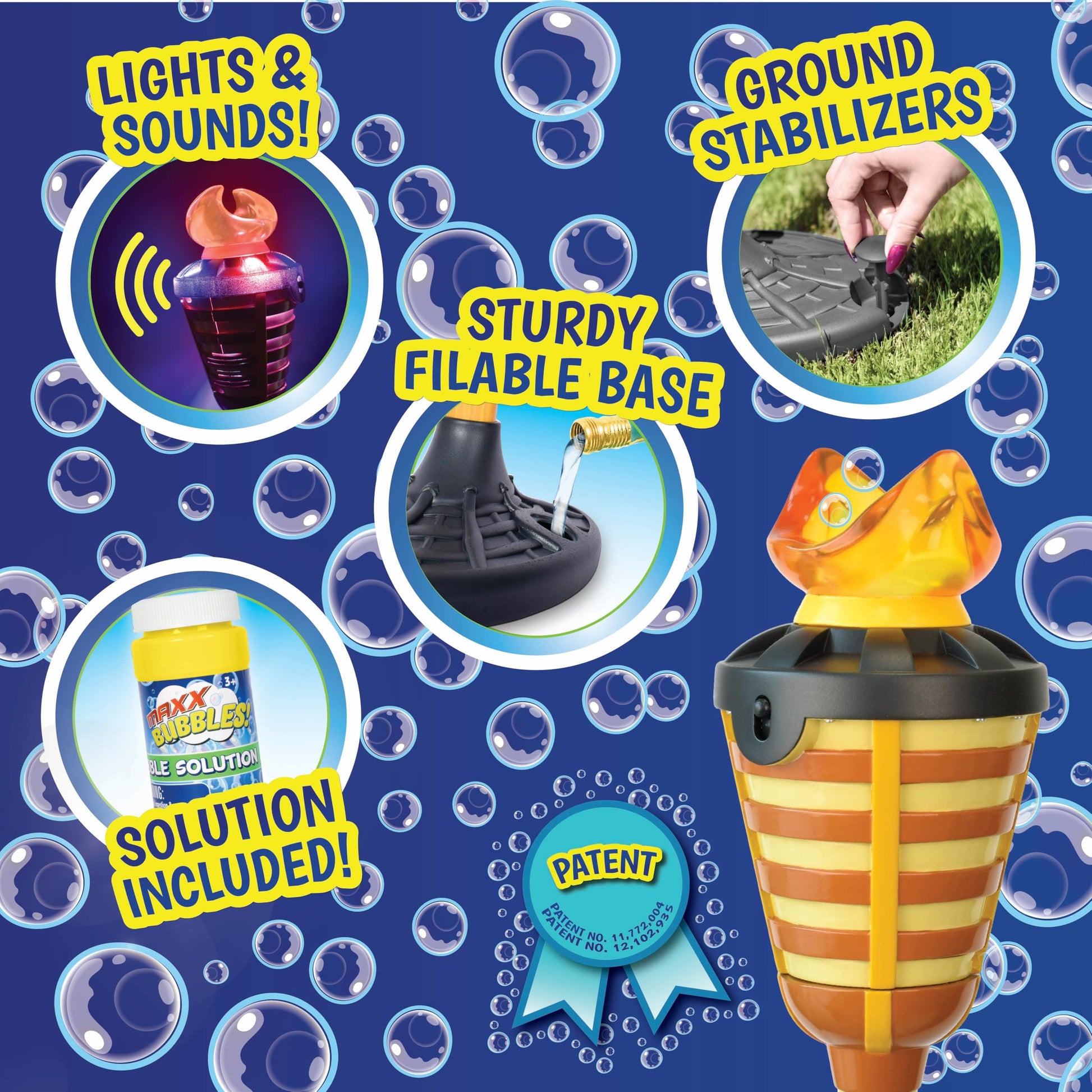 Tiki Torch Bubbler - Bubble Machine with Lights and Music, Bubble Blower and Wand, Rechargable Outdoor Toy for Kids Teens Adults, 4 Feet Tall, Includes 4oz Bubble Solution - CookCave