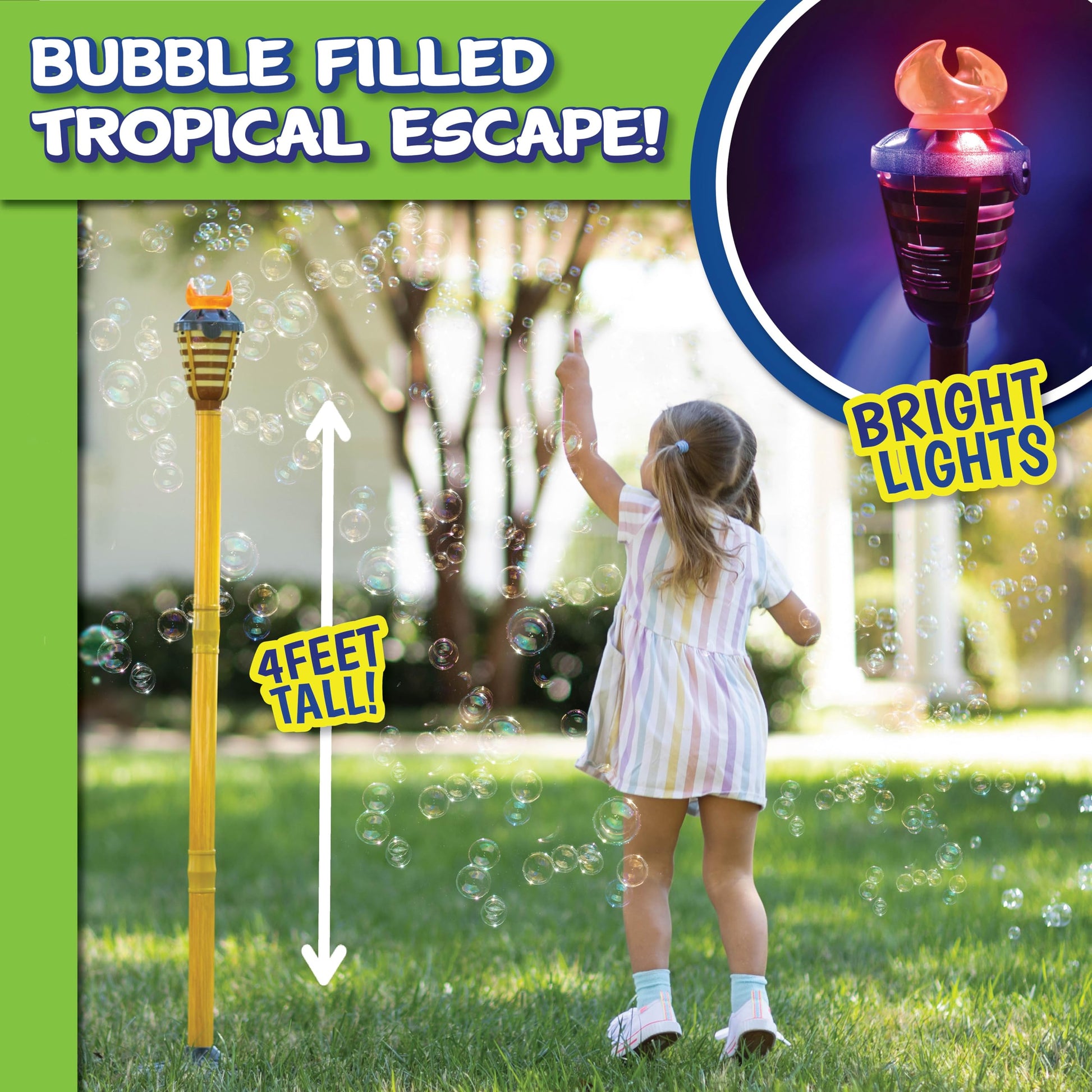 Tiki Torch Bubbler - Bubble Machine with Lights and Music, Bubble Blower and Wand, Rechargable Outdoor Toy for Kids Teens Adults, 4 Feet Tall, Includes 4oz Bubble Solution - CookCave